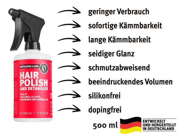 Natürliches Mähnenspray für Pferde mit Seide für seidig weiche Mähne und Schweif. Dopingfrei