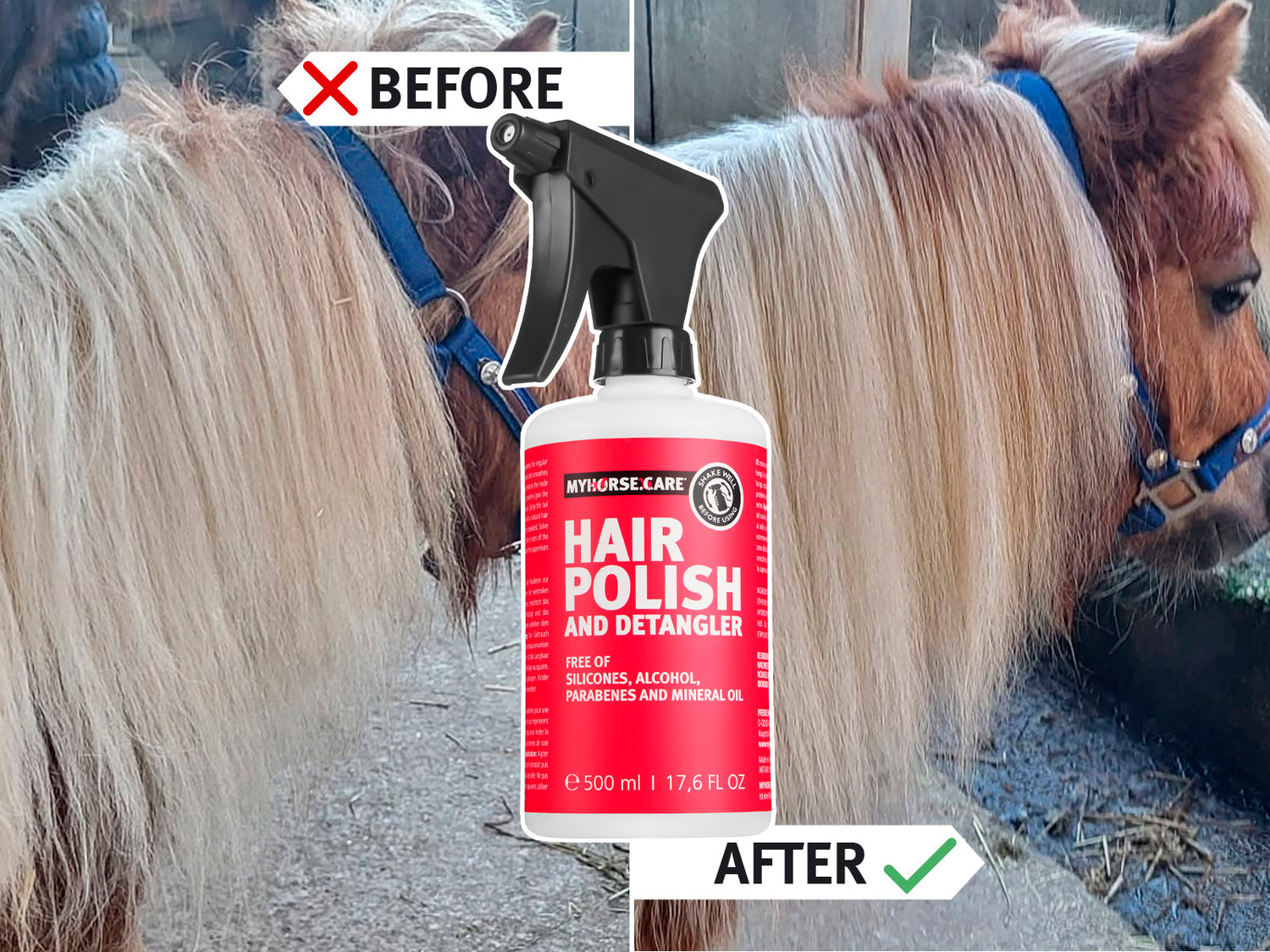 Natürliches Mähnenspray für Pferde ohne Silikone mit Seide für seidig weiche Mähne und Schweif. Vorher - Nachher