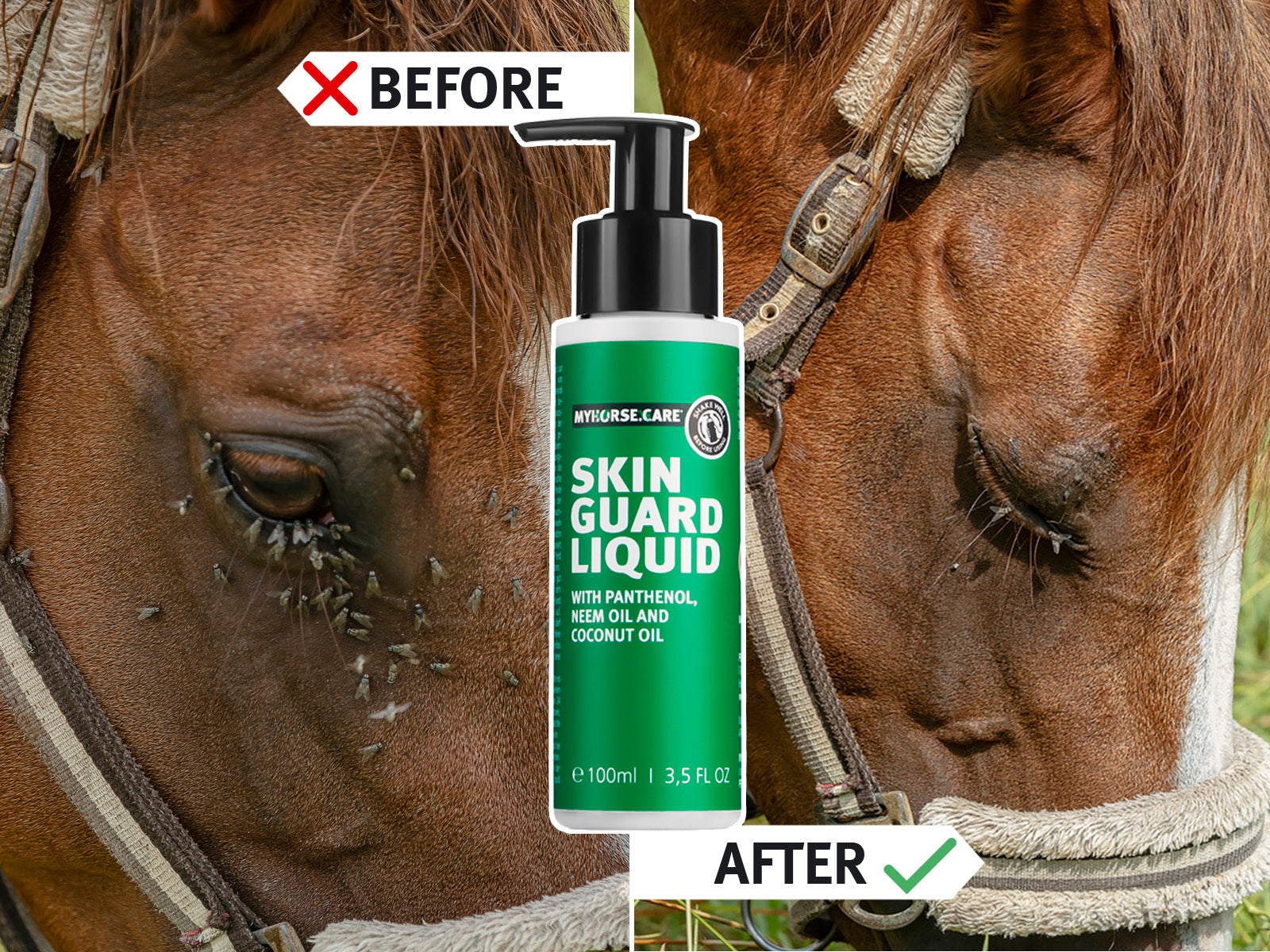 Skin Guard Liquid von MYHORSE.CARE – Natürlicher Insektenschutz für Pferde mit hautberuhigendem Panthenol, feuchtigkeitsspendendem Kokosöl und schützendem Neemöl. Unterstützt die Regeneration gereizter Haut.